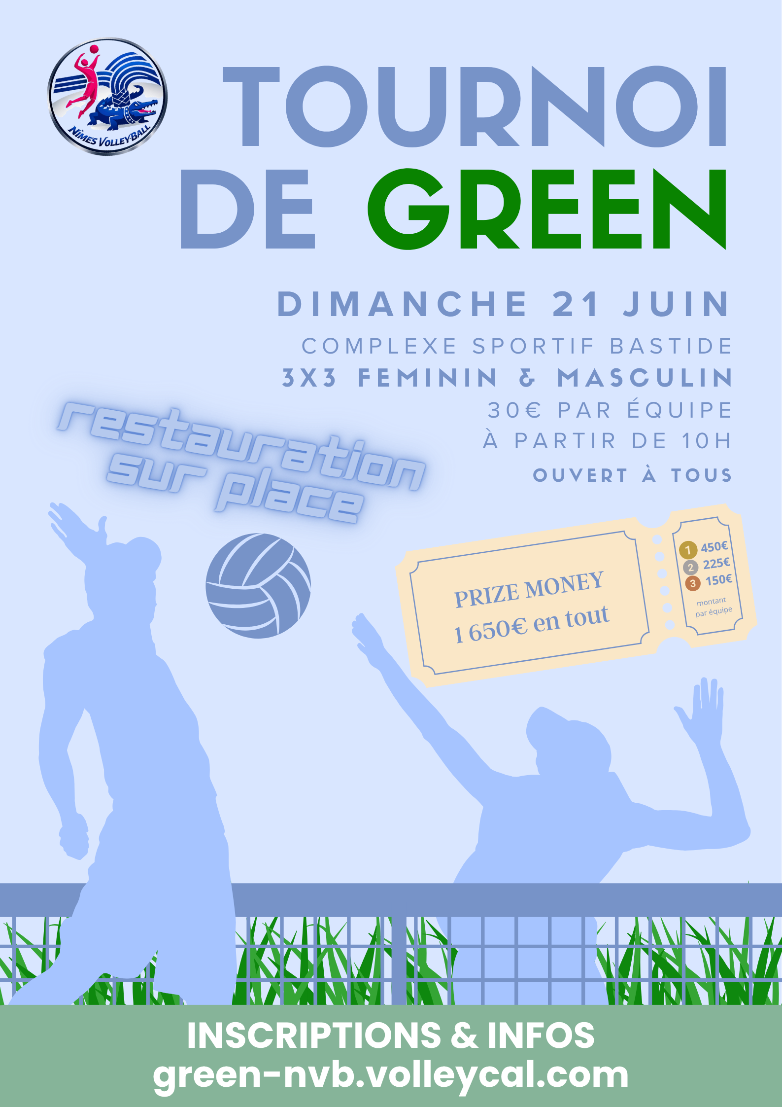 Affiche Tournoi de Green NVB — Dimanche 21 juin 2026, Complexe Sportif Bastide, 3×3 Féminin & Masculin, 30€ par équipe, à partir de 10h, restauration sur place, prize money pour les gagnants du tournoi.